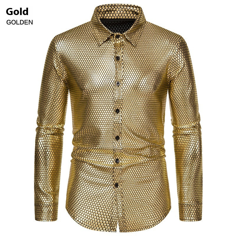 Stylish 3Sixty5 Gold Bold Statement Button-Up for Men with a Metallic Finish and Long Sleeves