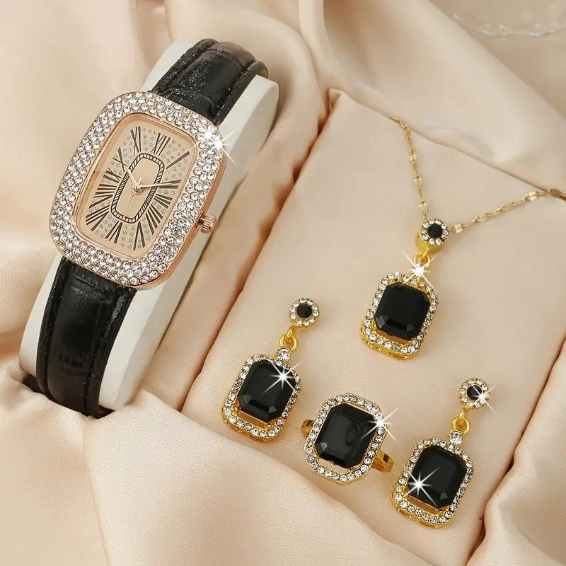 Divashine Jewelry Gift Set featuring a watch, necklace, and earrings with black stones and sparkling accents