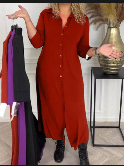 Stylish 3Sixty5 edgy buttoned-up dress in red with long sleeves and a relaxed fit
