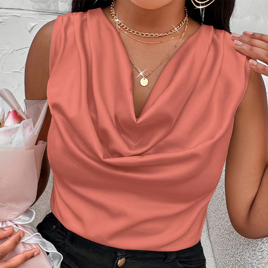 Stylish 3Sixty5 elegant pile collar top in coral with draped neckline, perfect for casual outings