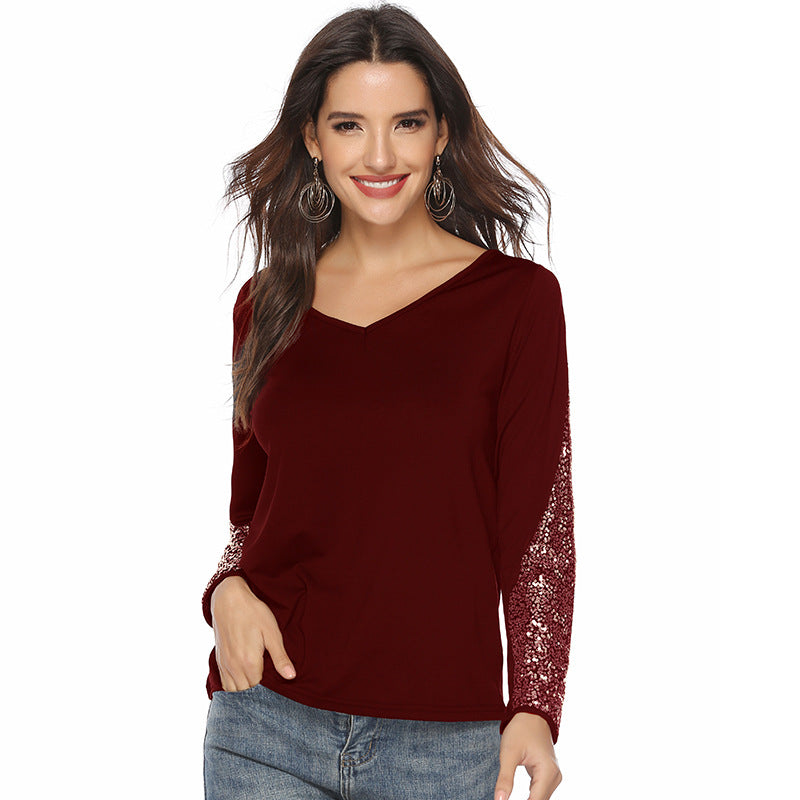 Burgundy Stylish 3Sixty5 European glam sequin top with elegant long sleeves for a chic look
