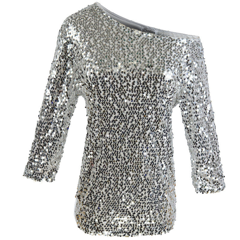 Stylish 3Sixty5 Glam Sequin Shoulder Top in Silver with Long Sleeves for a Shimmery Look
