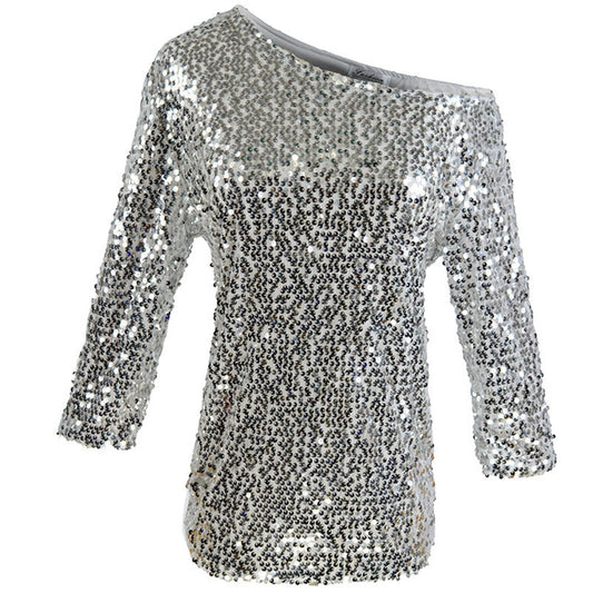 Stylish 3Sixty5 Glam Sequin Shoulder Top in Silver with Long Sleeves for a Shimmery Look
