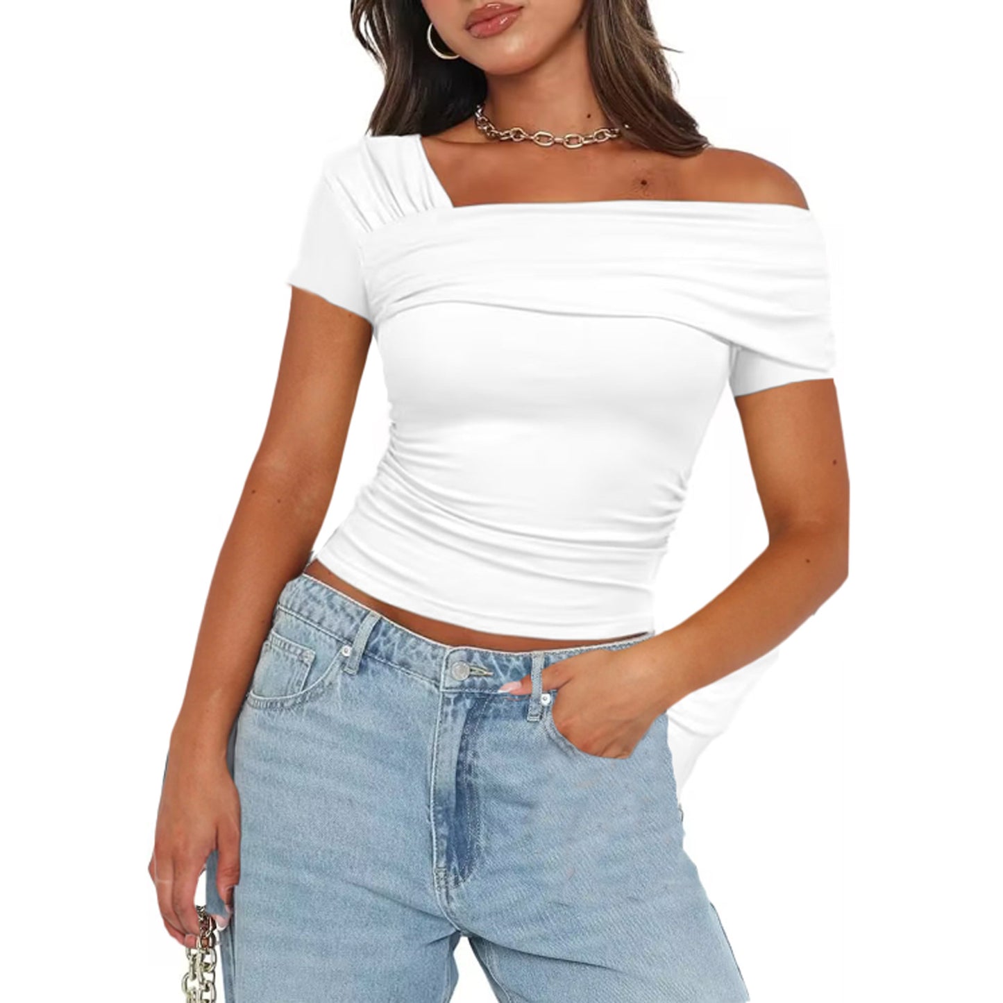 Stylish 3Sixty5 Glow Off-Shoulder Top in White with Elegant Ruching and Comfortable Fit