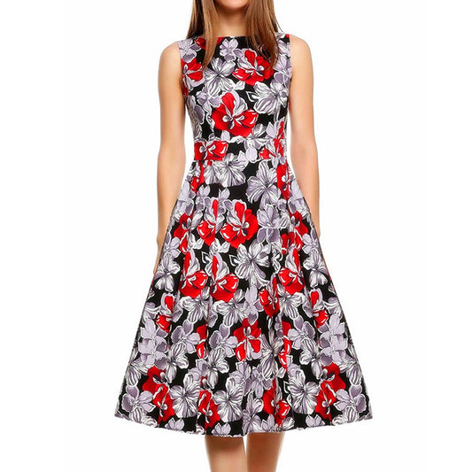 Stylish 3Sixty5 Old Hollywood glam dress featuring a vibrant floral pattern in red and black