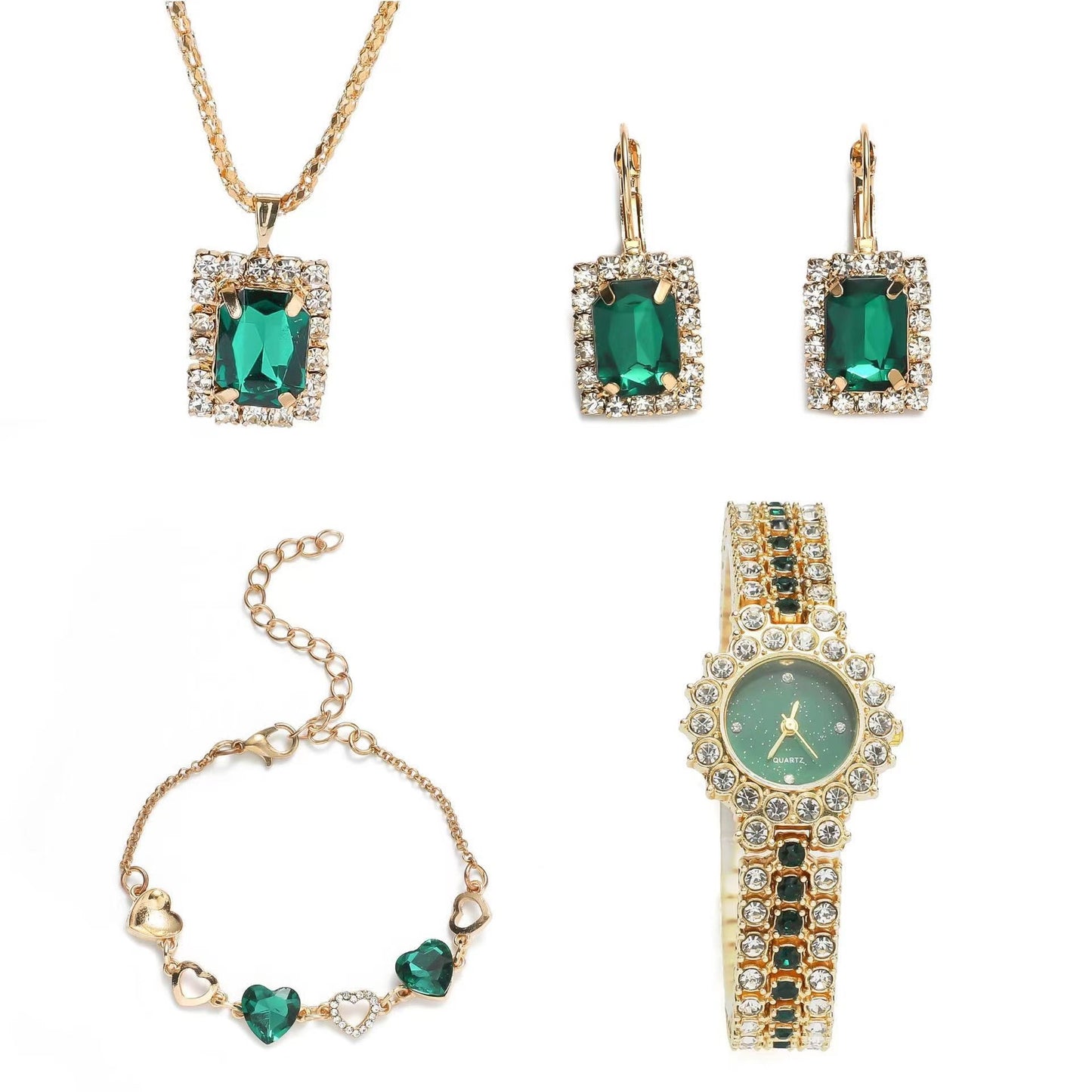 Elegant jewelry set featuring a Quartz Watch Ring Gift Box, including necklace, earrings, bracelet, and watch