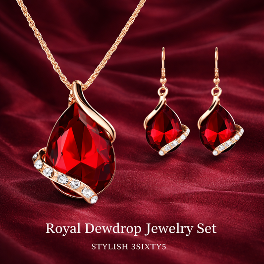 Royal Dewdrop Jewelry Set featuring a stunning red pendant necklace and matching earrings with sparkling accents