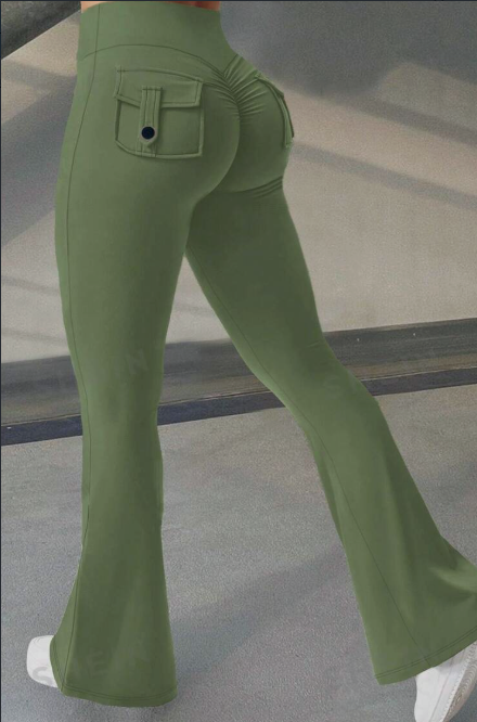 Stylish 3Sixty5 Booty Boost Yoga Pants in Olive Green with Flared Legs and Pocket Details