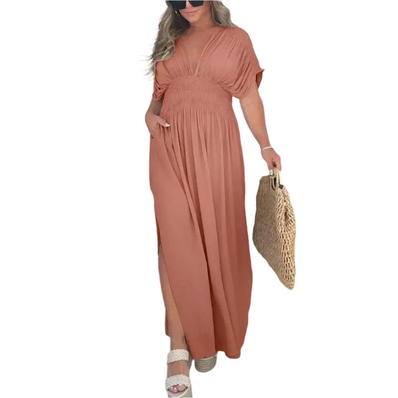 Stylish 3Sixty5 slit summer dress in terracotta with elegant draping and casual style