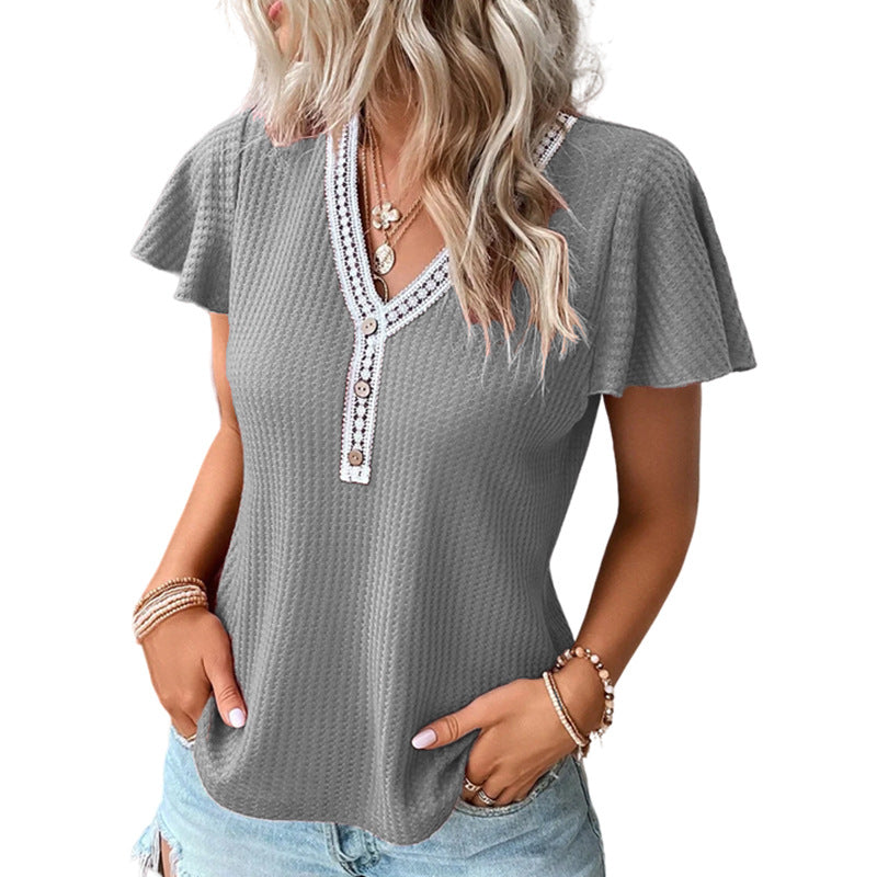 Stylish 3Sixty5 soft waffle texture T-shirt with flutter sleeves and decorative buttons