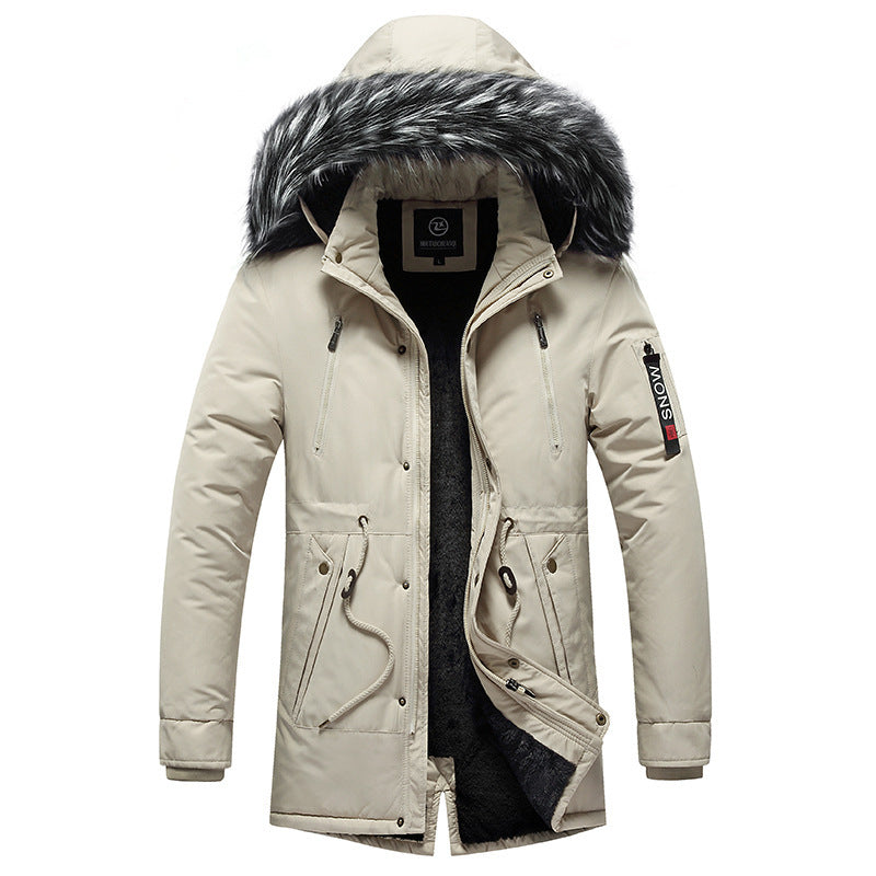 Stylish men's winter coat in beige with fur-lined hood and multiple pockets for warmth and style