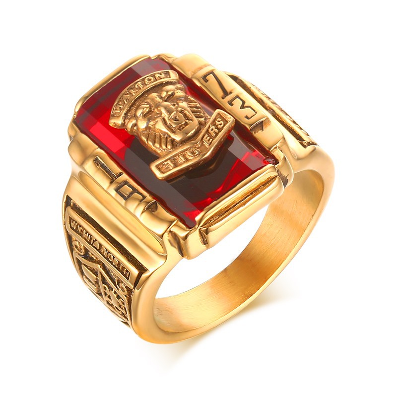 Stylish 3Sixty5 TitanTiger 1973 ring with red stone and detailed lion design in gold finish