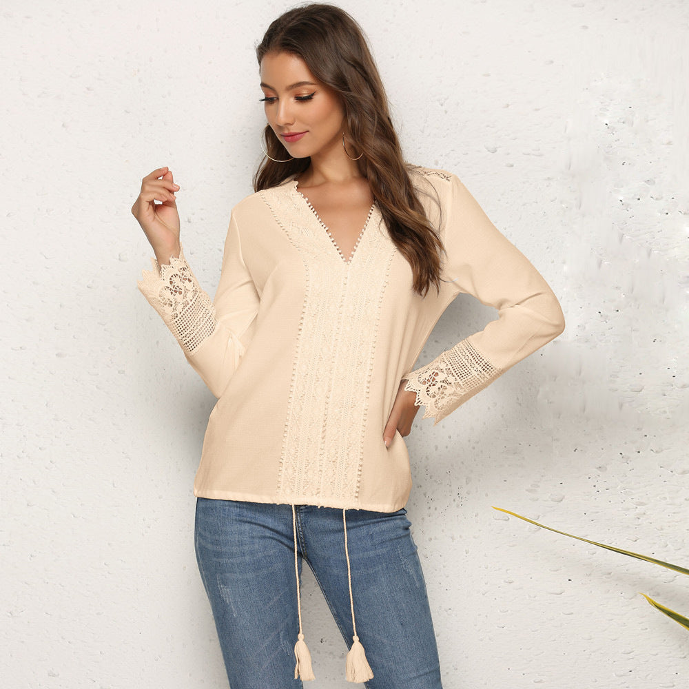 Stylish 3Sixty5 trendy chiffon tops in cream with lace detailing and tassel accents