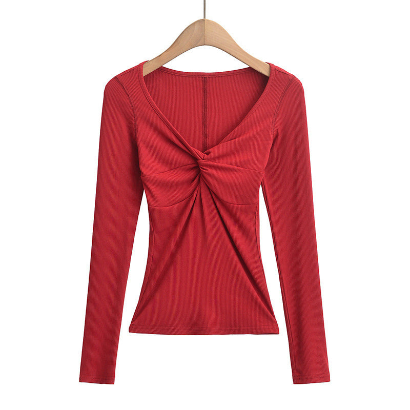 Twisted Allure French Crop Top in Red with Long Sleeves and Stylish Knot Detail