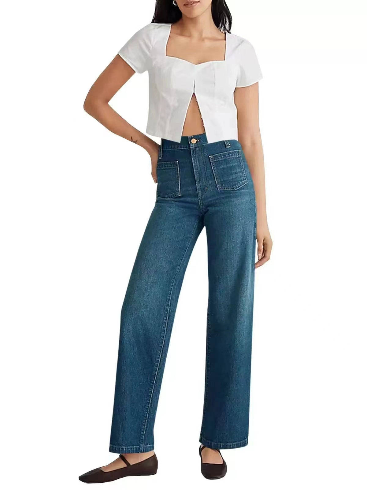 Stylish 3Sixty5 comfy chic wide-leg jeans showcased with a cropped white top for a trendy look