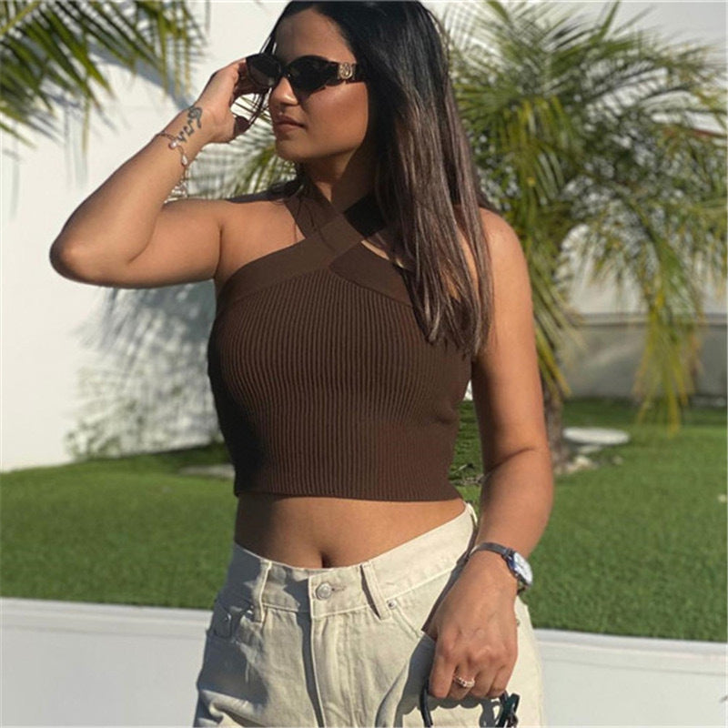 Stylish 3Sixty5 soft stretch knit halter tank in brown, paired with high-waisted shorts for a trendy look