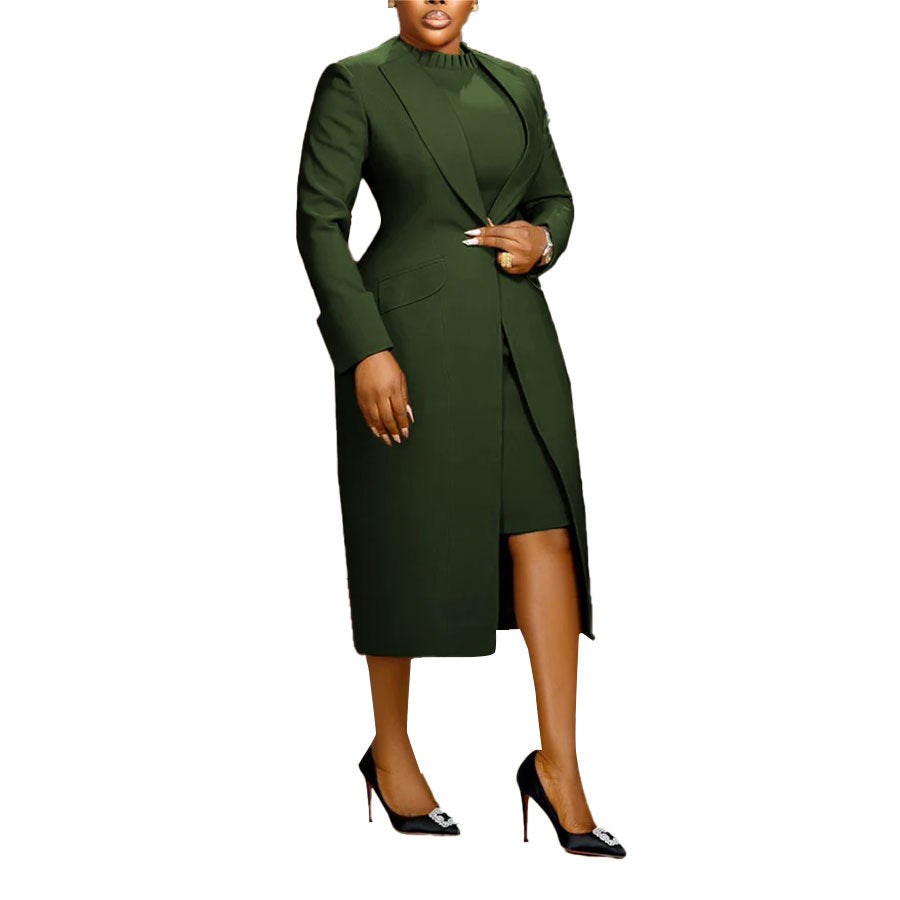 Chic green statement suit vest ensemble with a tailored coat and fitted dress for a stylish look