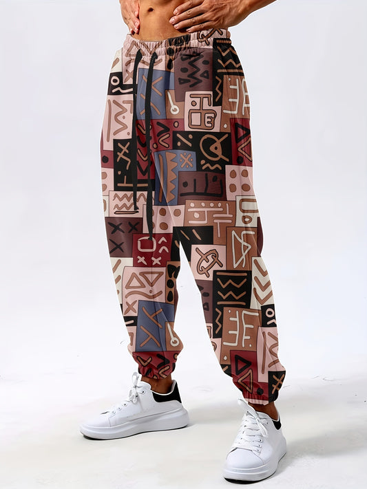 Vibrant print men's sweatpants featuring a colorful geometric design and adjustable waistband
