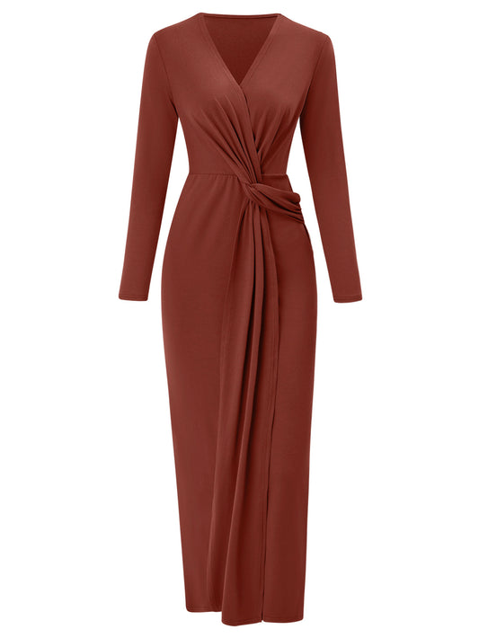 Chic solid V-neck dress by Stylish 3Sixty5 in rust color with elegant twist front detail