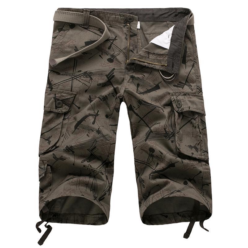 Coastline Casuals printed shorts in olive green with stylish patterns and cargo pockets