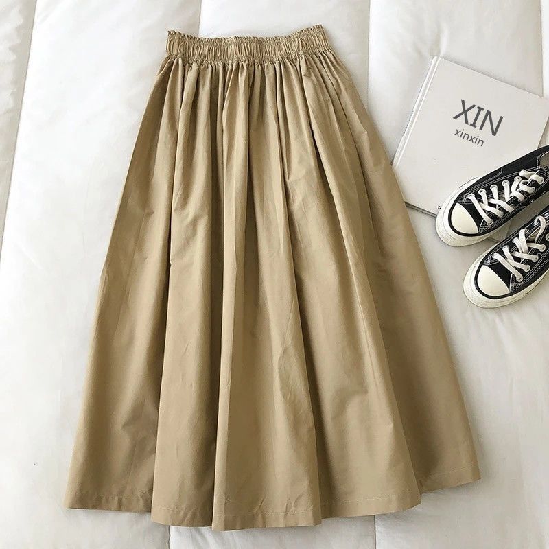 Beige Stylish 3Sixty5 comfortable office skirt with elastic waistband for versatile styling