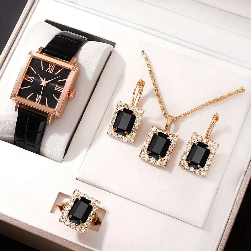 Divashine Jewelry Gift Set with Black Gemstones and Rose Gold Accents in Elegant Box