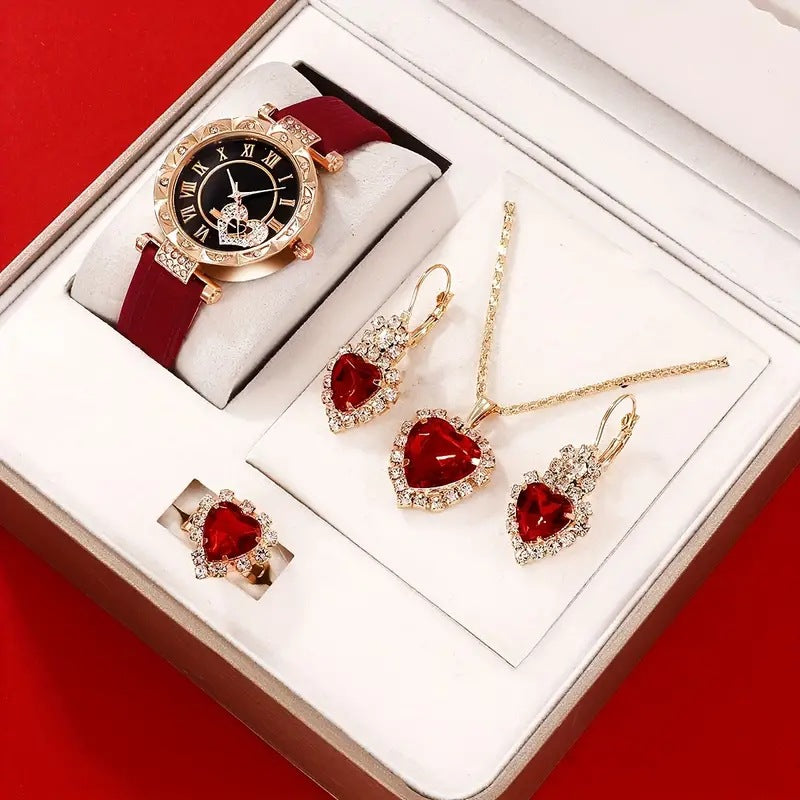 Divashine Jewelry Gift Set including a watch and heart-shaped red gemstone earrings, necklace, and ring
