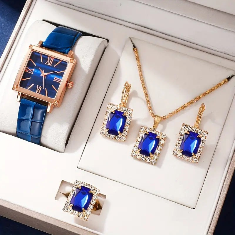 Divashine Jewelry Gift Set featuring a blue watch, necklace, earrings, and ring in elegant display box