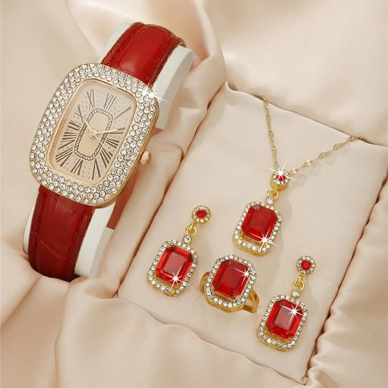 Divashine Jewelry Gift Set featuring a red watch, necklace, earrings, and ring with sparkling gemstones