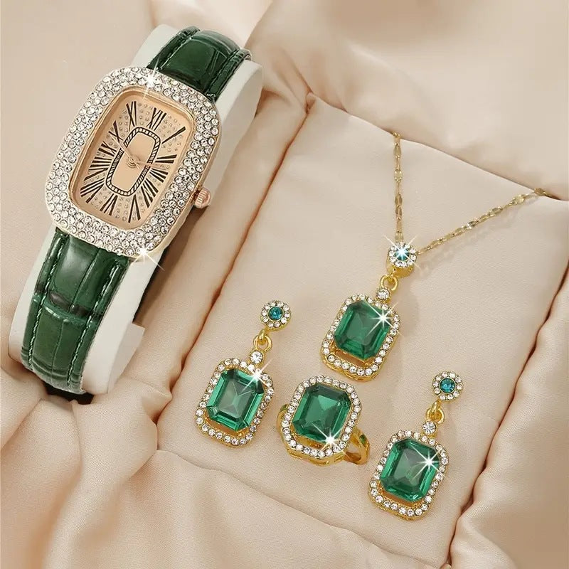 Divashine Jewelry Gift Set featuring a watch, necklace, and earrings with green gemstones and sparkling accents