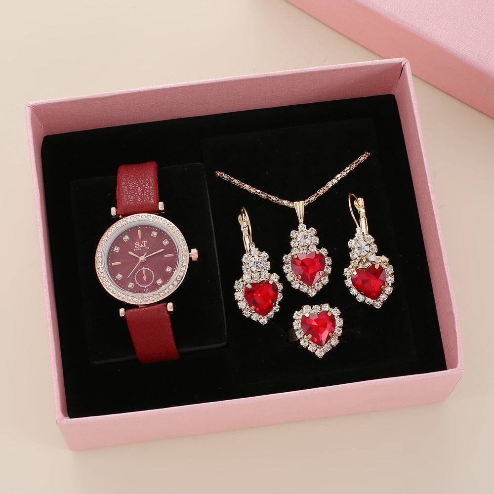 Divashine Jewelry Gift Set featuring a heart-shaped red gemstone necklace and earrings with a stylish watch