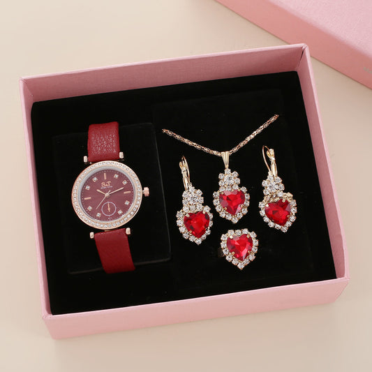 Divashine Jewelry Gift Set featuring a heart-shaped red gemstone necklace and earrings with a stylish watch