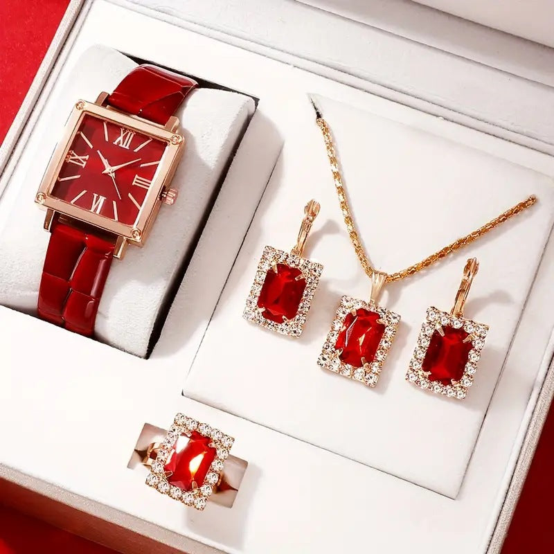 Divashine Jewelry Gift Set featuring a ruby watch, matching earrings, necklace, and ring in elegant presentation box
