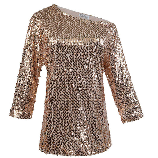 Stylish 3Sixty5 Glam Sequin Shoulder Top in gold with a chic, modern design and three-quarter sleeves