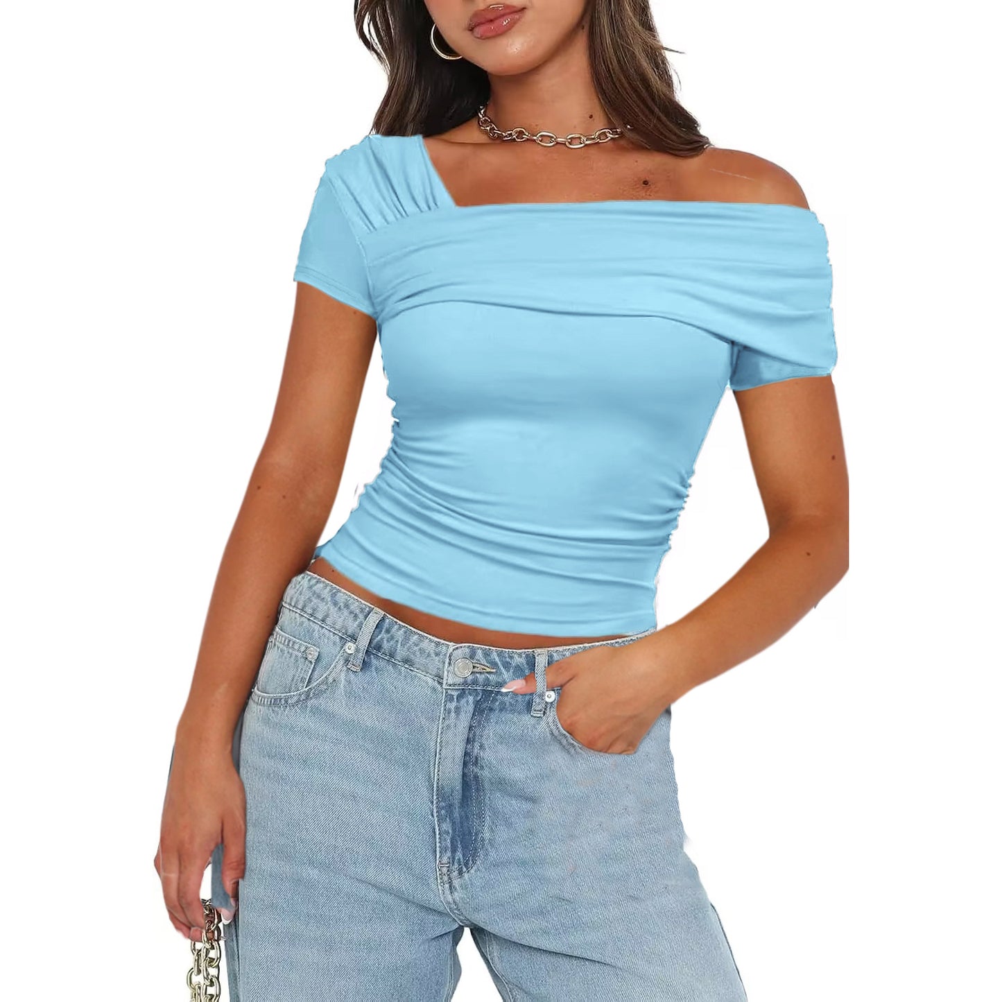 Stylish 3Sixty5 glow off-shoulder top in light blue with gathered detailing and short sleeves