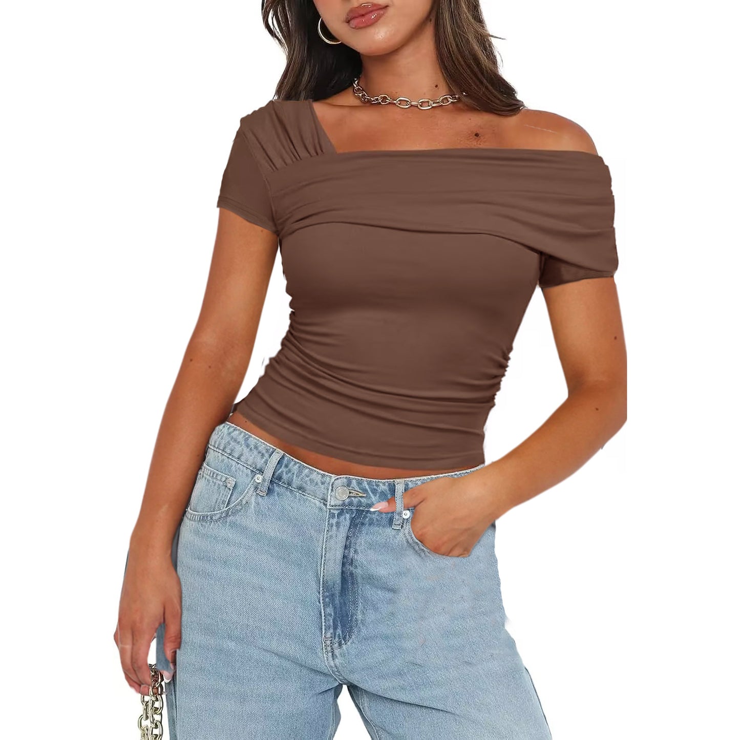 Stylish 3Sixty5 glow off-shoulder top in brown, featuring a flattering fit and elegant design