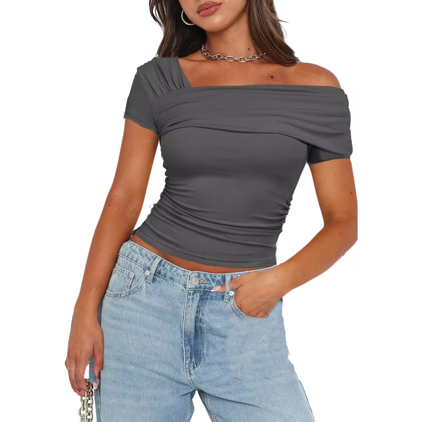 Stylish 3Sixty5 glow off-shoulder top in gray, featuring a fitted design and stylish draping