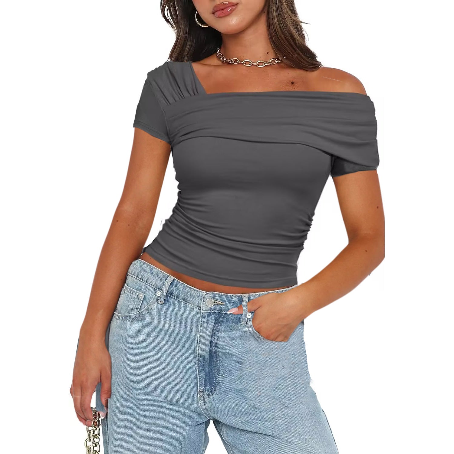 Stylish 3Sixty5 glow off-shoulder top in gray, featuring a fitted design and stylish draping