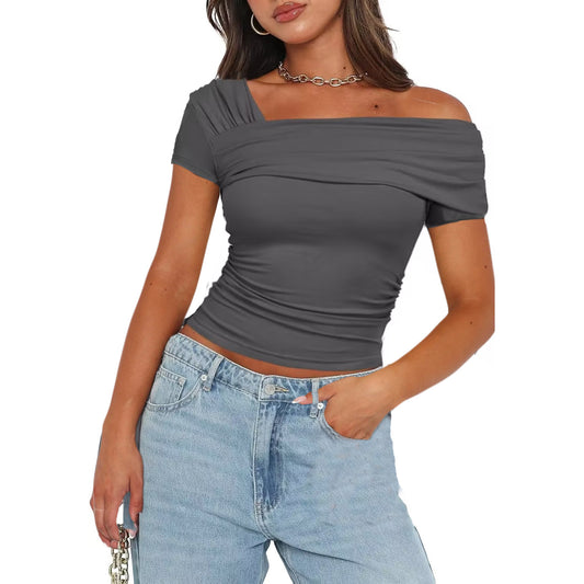 Stylish 3Sixty5 glow off-shoulder top in gray, featuring a fitted design and stylish draping