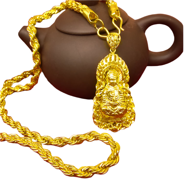 Stylish 3Sixty5 hemp gold necklace featuring a detailed Buddha pendant on a twisted chain