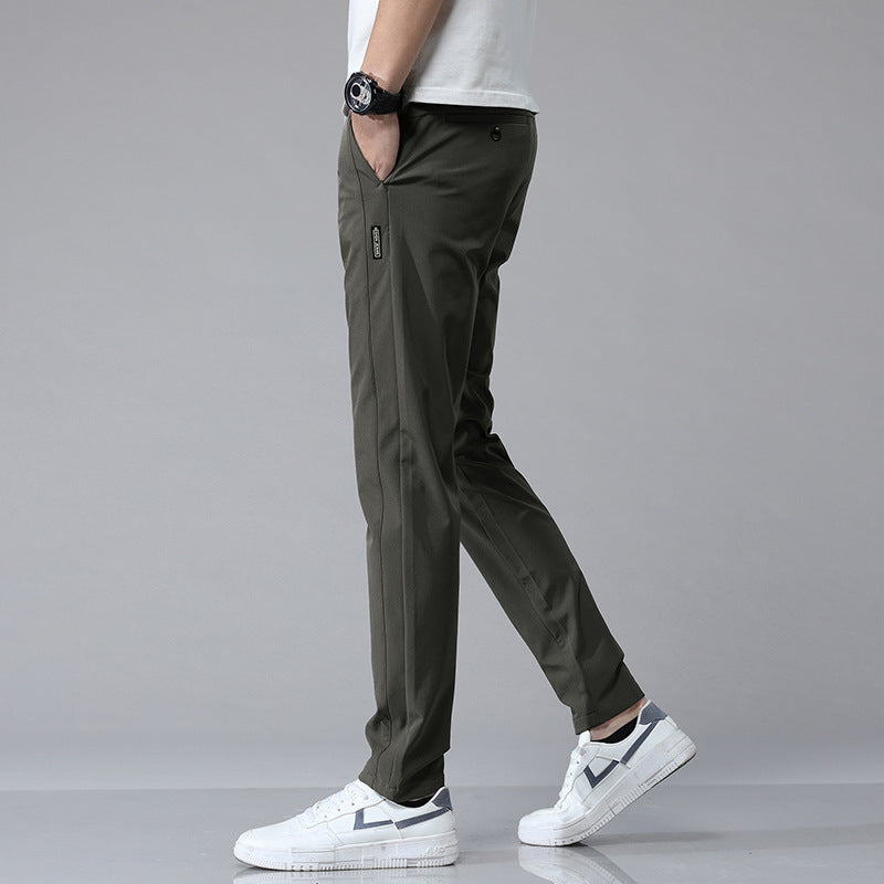 Ice silk men's casual pants in olive green with a slim fit and stylish design for everyday wear
