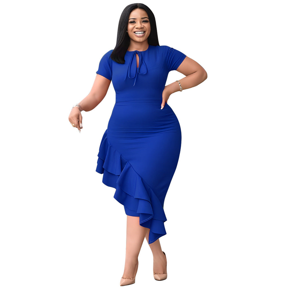 Stylish 3Sixty5 lotus leaf casual dress in vibrant blue with a ruffled hem and a stylish design
