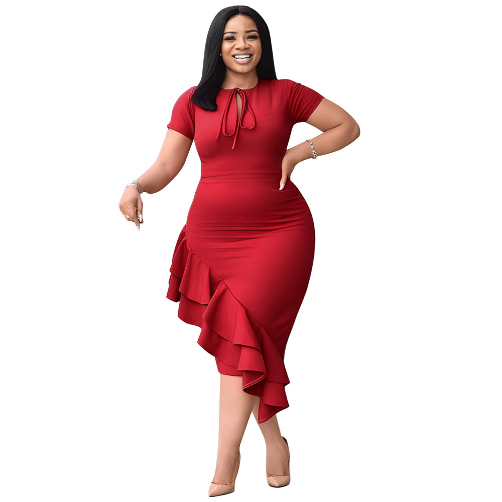 Stylish 3Sixty5 lotus leaf casual dress in red with ruffled hemline for stylish everyday wear