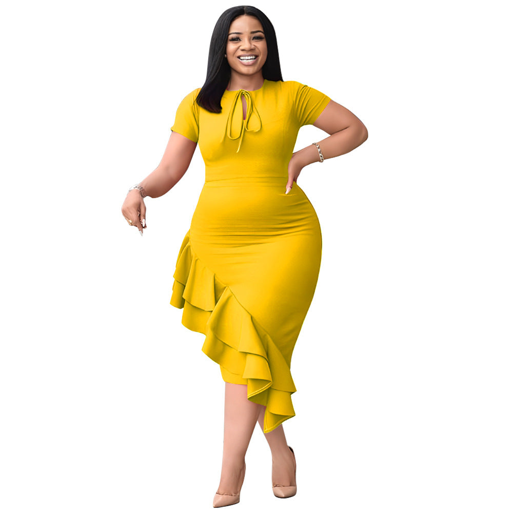 Stylish 3Sixty5 yellow lotus leaf casual dress with ruffled hem and fitted silhouette