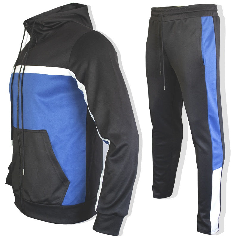 Stylish men's contrast sweatshirt set in black and blue with a hood and matching joggers