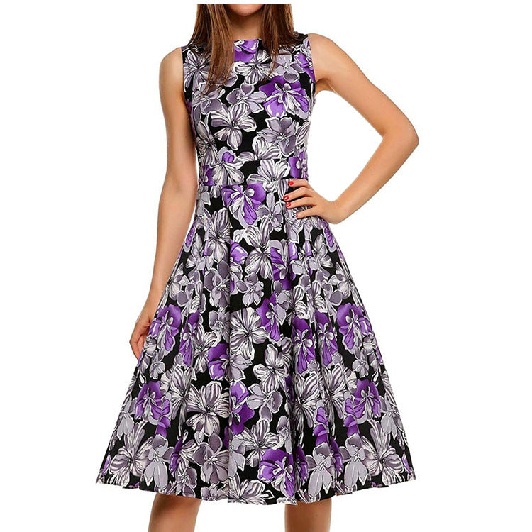 Stylish 3Sixty5 Old Hollywood glam dress in black with purple floral print, perfect for vintage-themed events
