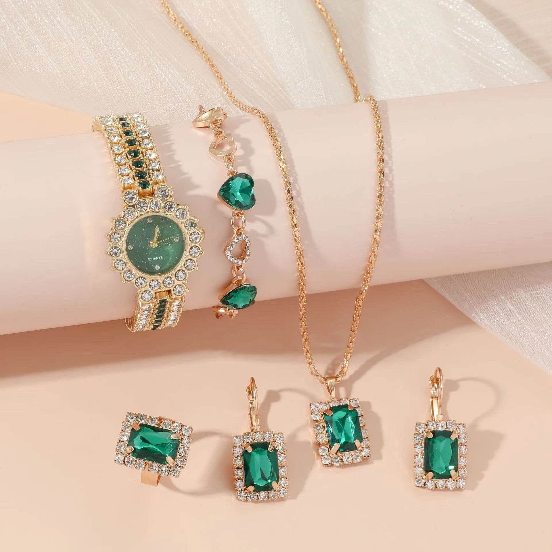 Stylish 3Sixty5 Jewelry Set featuring Quartz Watch Ring Gift Box with Green Gemstones and Gold Accents