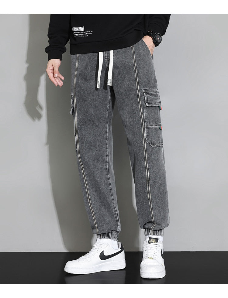 Retro men's utility denim pants by Stylish 3Sixty5 in gray with cargo pockets and elastic cuffs