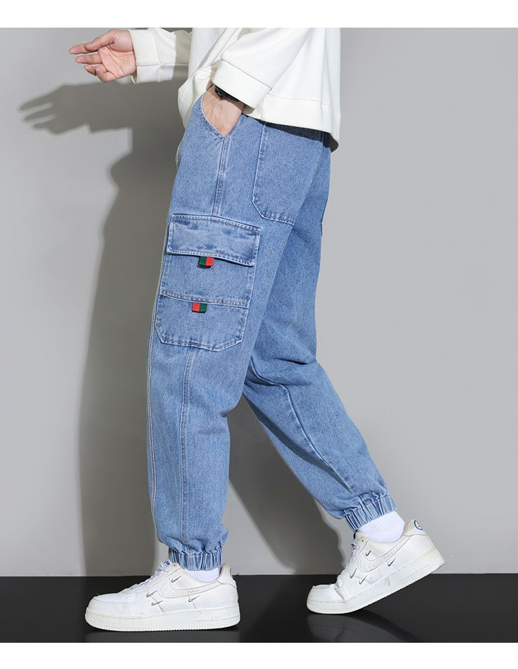 Stylish 3Sixty5 retro men's utility denim pants in light blue with elastic cuffs and side pockets