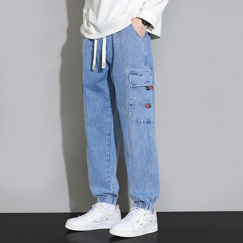 Light blue Stylish 3Sixty5 retro men's utility denim pants with elastic cuffs and side pockets